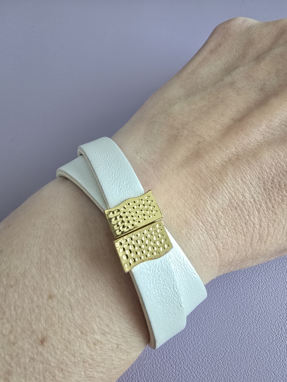 Rustic Cuff White Double-Wrap Genuine Leather Bracelet with Textured Gold Clasp